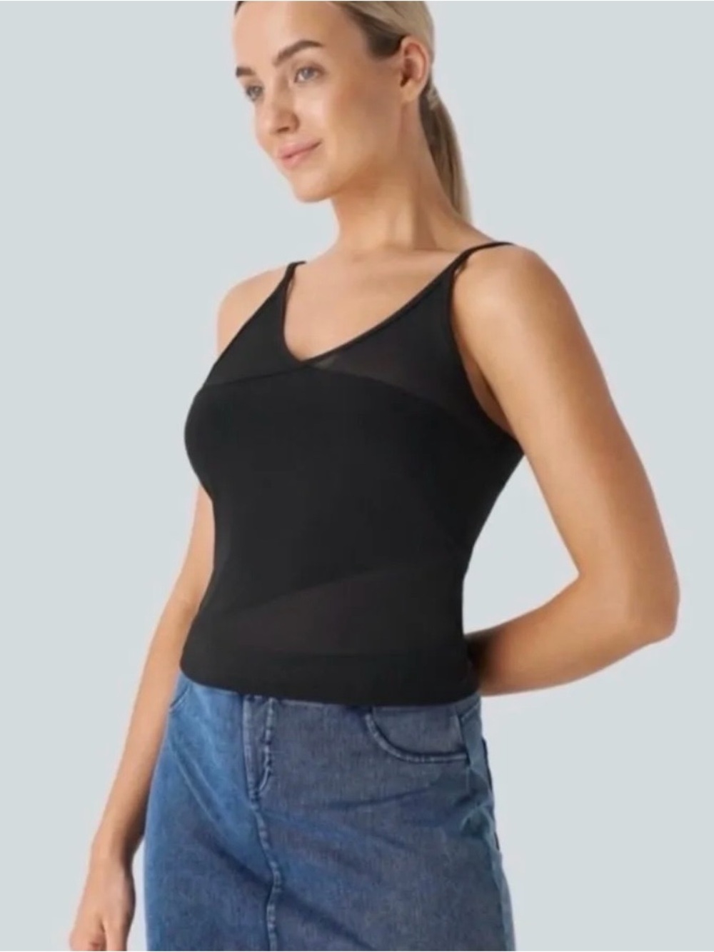 Halara Cropped Mesh Overlay Tank Black